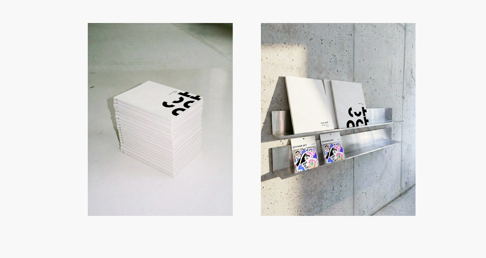 A stack of CUT ART catalogues and books displayed on a gallery shelf