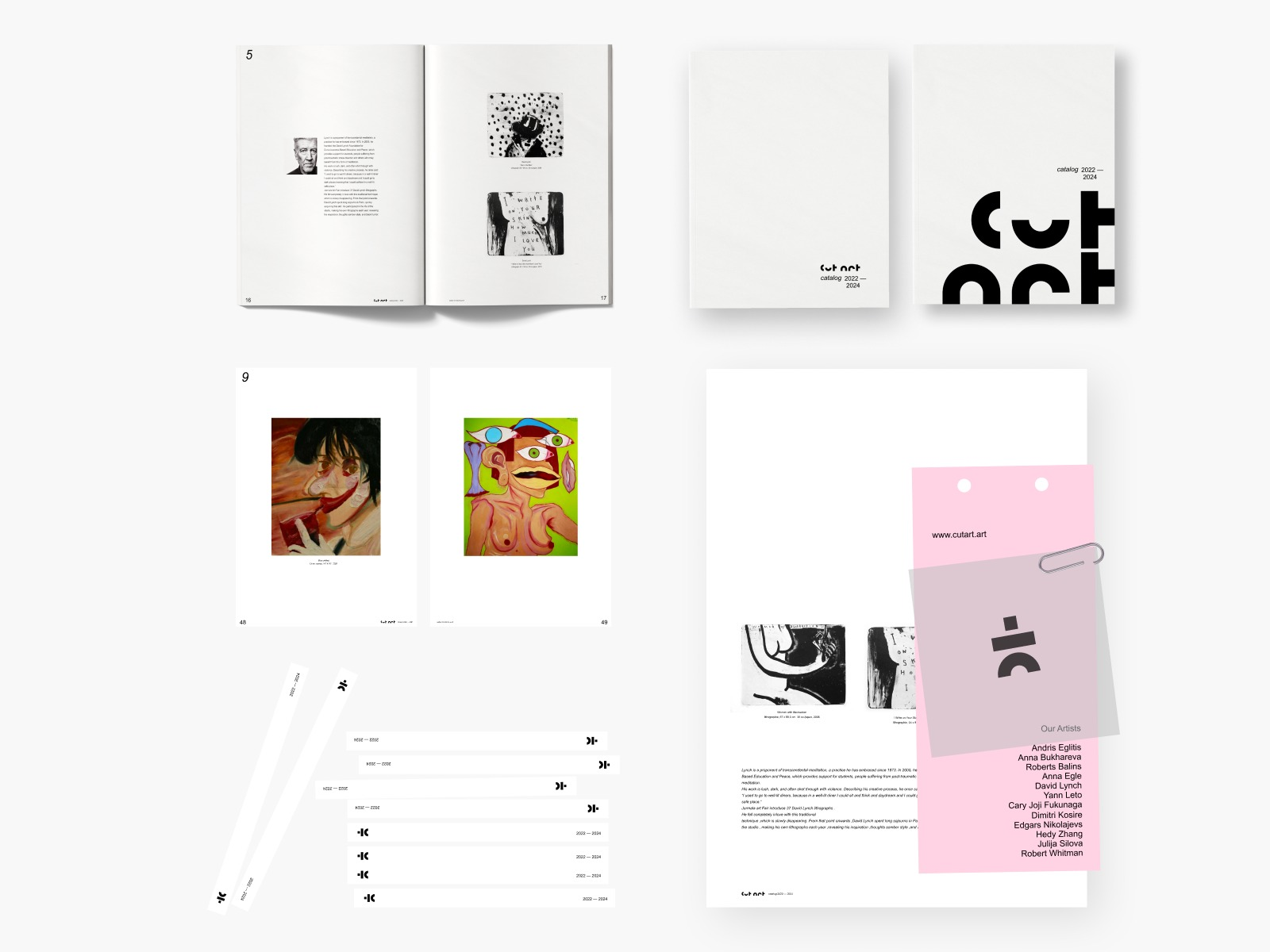 CUT ART exhibition catalogue spreads, covers and printed stationery