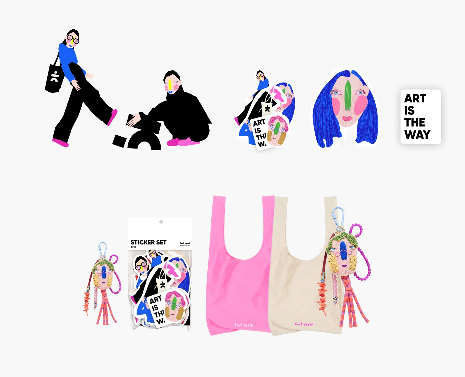 Illustrated CUT ART characters, stickers, pink and cream bags and handmade keychains