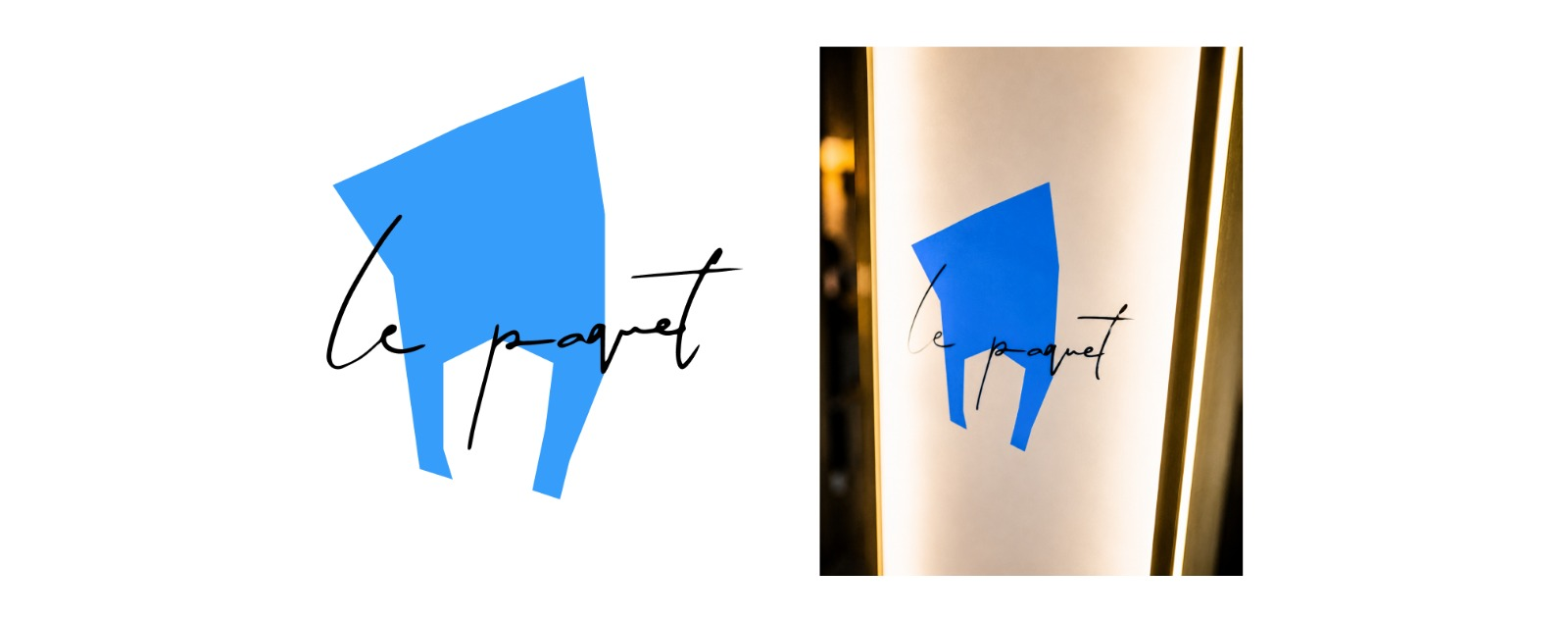 Blue geometric bag and handwritten LE PAQUET wordmark, shown as artwork and on bar signage