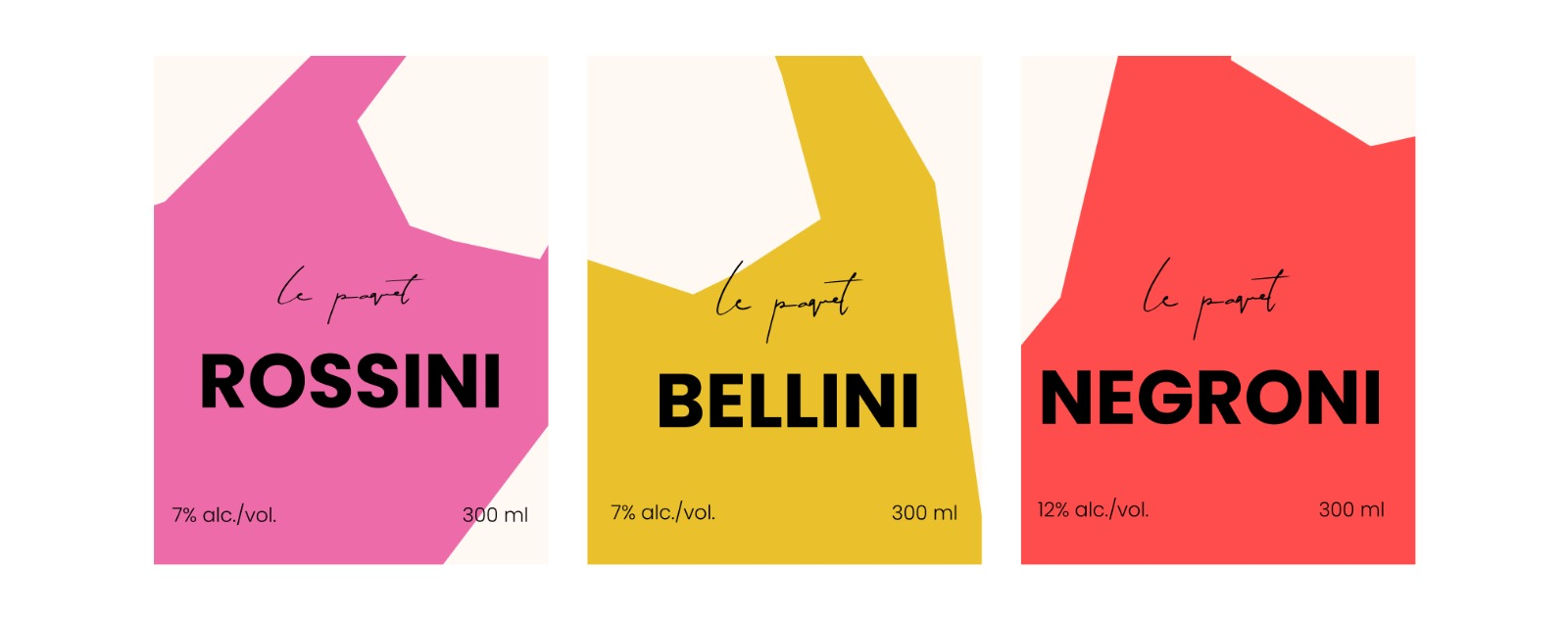Pink Rossini, yellow Bellini and red Negroni bottle label designs