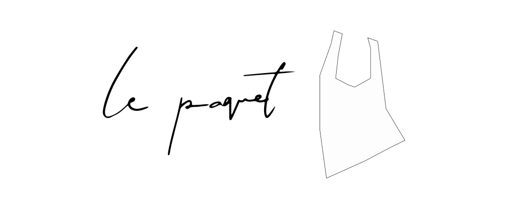 Hand-drawn LE PAQUET wordmark and outlined geometric bag